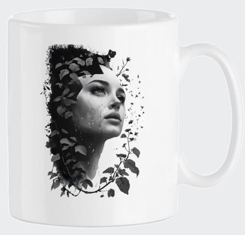  Mug élégant avec une femme entourée de feuilles.