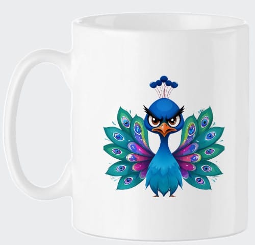 Mug coloré avec un paon majestueux.